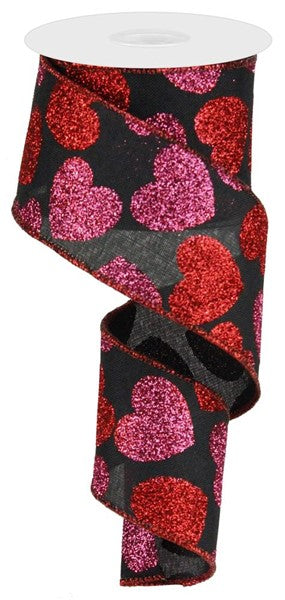 2.5" PINK AND RED GLITTER HEARTS ON BLACK RIBBON (10YDS)