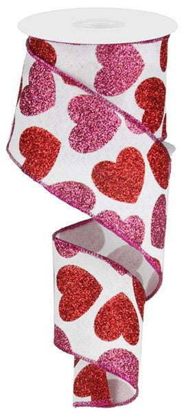 2.5" PINK AND RED GLITTER HEARTS ON WHITE RIBBON (10YDS)