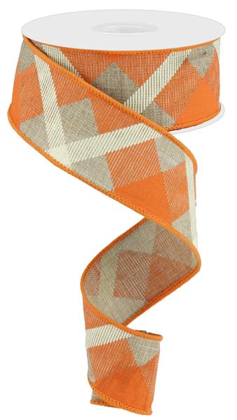 1.5" BEIGE/ORANGE/CREAM CROSS PLAID RIBBON - (10YDS)