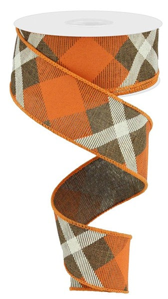 1.5" BROWN/ORANGE/CREAM CROSS PLAID RIBBON - (10YDS)