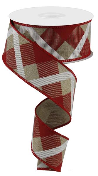 1.5" BEIGE/RED/WHITE CROSS PLAID RIBBON - (10YDS)