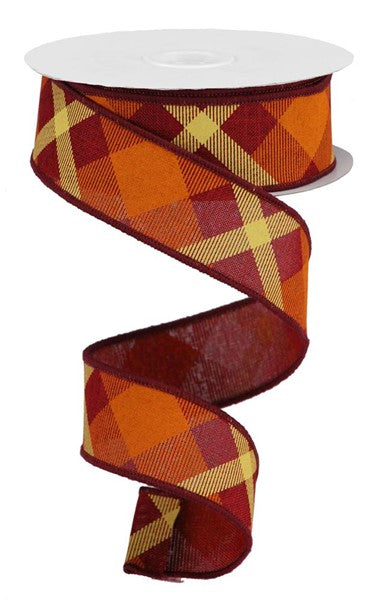 1.5" BURGUNDY/ORANGE/MUSTARD CROSS PLAID RIBBON - (10YDS)