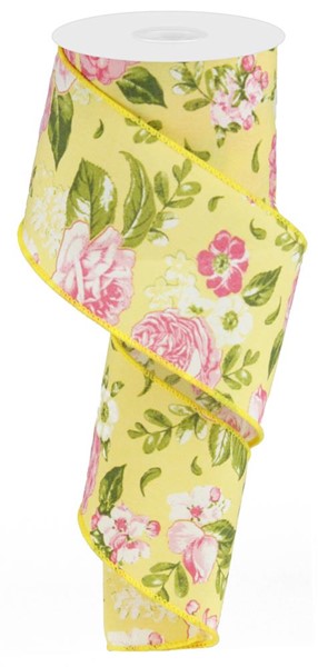 2.5" YELLOW FLORAL WIRED EDGE RIBBON- (10YDS)