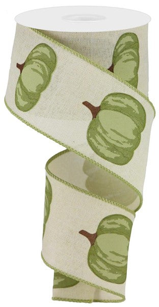 2.5"X10yd - Sage pumpkin on cream wired ribbon