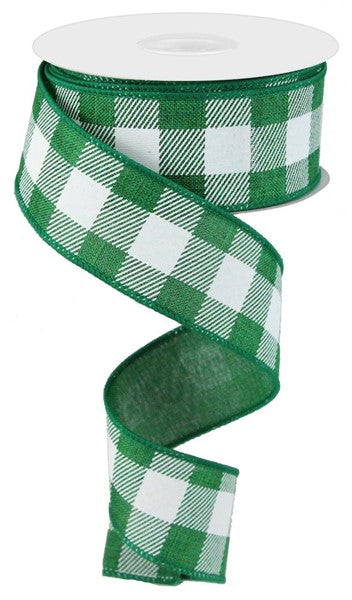 1.5" X 10YDS - EMERALD/WHITE STRIPED CHECK RIBBON