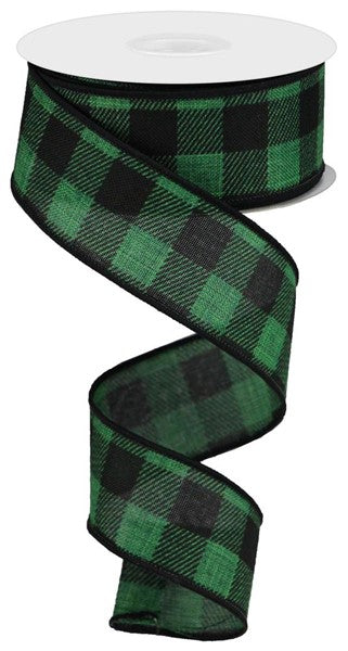 1.5" EMERALD AND BLACK STRIPED CHECK RIBBON - (10YDS)