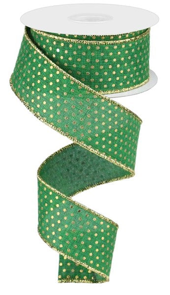 1.5" EMERALD GREEN WITH GOLD SWISS DOTS ROYAL BURLAP RIBBON - (10YDS)