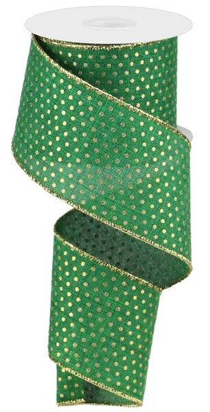 2.5" EMERALD GREEN WITH GOLD SWISS DOTS ROYAL BURLAP RIBBON - (10YDS)