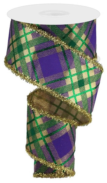 2.5" MARDI GRAS PLAID WITH GOLD TINSLE EDGE RIBBON - (10YDS)
