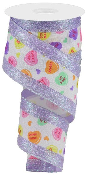 2.5" x 10YDS - 3 IN 1 LAVENDER GLITTER CANDY CONVERSATION HEARTS