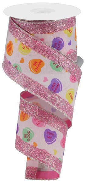 2.5" x 10YDS - 3 IN 1 PINK GLITTER CANDY CONVERSATION HEARTS