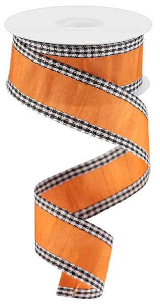 1.5" ORANGE WITH BLACK WHITE GINGHAM EDGE (FAUX DUPONI) RIBBON (10YDS)
