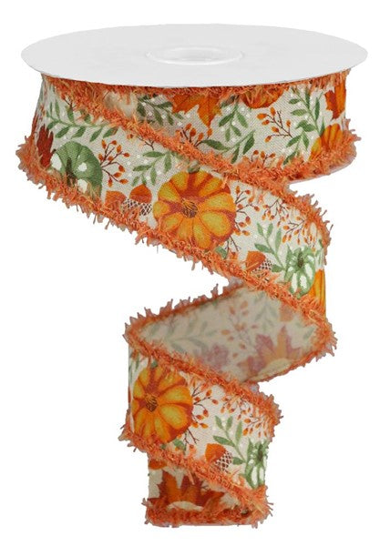 2.5" X 10YDS - PUMPKIN/FOLIAGE ON ROYAL WITH DRIFT EDGE (MOSS/ORANGE/TAN)