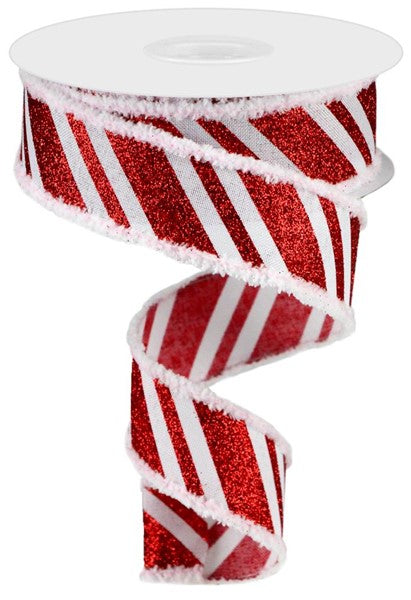 1.5"X10yd Diagonal Glitter Stripe/Drift Edge Red/White Ribbon