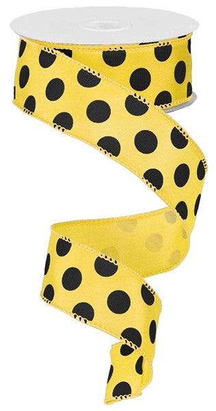 1.5" YELLOW/BLACK POLKA DOT RIBBON - (10YDS)