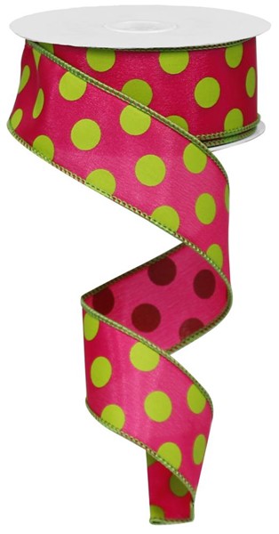 1.5" HOT PINK AND LIME MEDIUM POLKA - (10YDS)