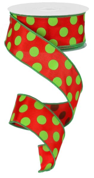 1.5" RED WITH GREEN POLKA DOT RIBBON (10YDS)