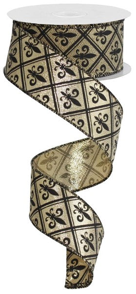 1.5" MARDI GRAS BLACK AND GOLD FLEUR DE LIS RIBBON - (10YDS)