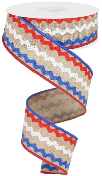 1.5" TAN RED WHITE BLUE GLITTER RIC RAC RIBBON - (10YDS)