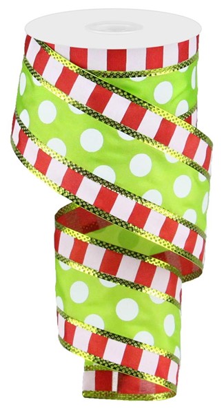 2.5" RED GREEN WHITE DOTS AND STRIPES RIBBON (10YDS)