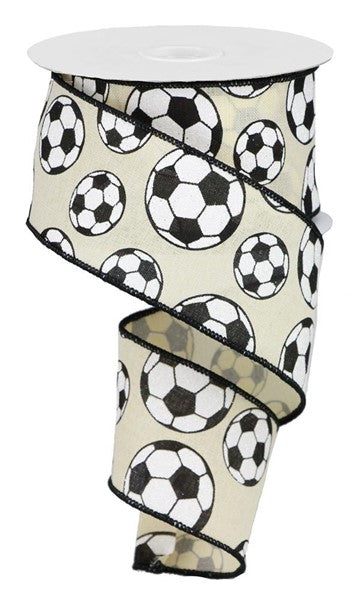 2.5" X 10YDS- GLITTER SOCCER BALLS ON ROYAL - CREAM/BLACK