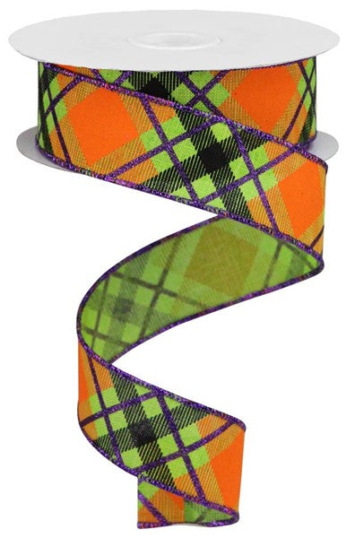 1.5" ORANGE/LIME/PURPLE PLAID RIBBON - (10YDS)
