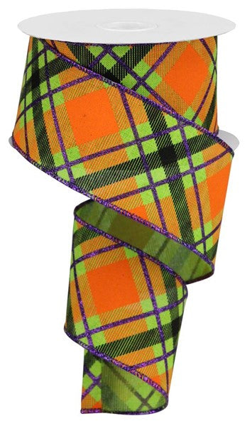 2.5" ORANGE/LIME/PURPLE PLAID RIBBON - (10YDS)
