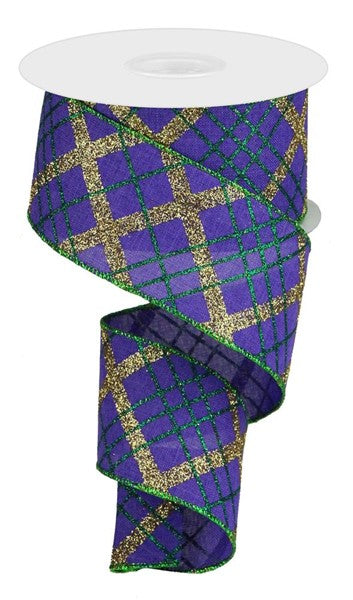 2.5" MARDI GRAS DIAGONAL GLITTER PLAID RIBBON - (10YDS)
