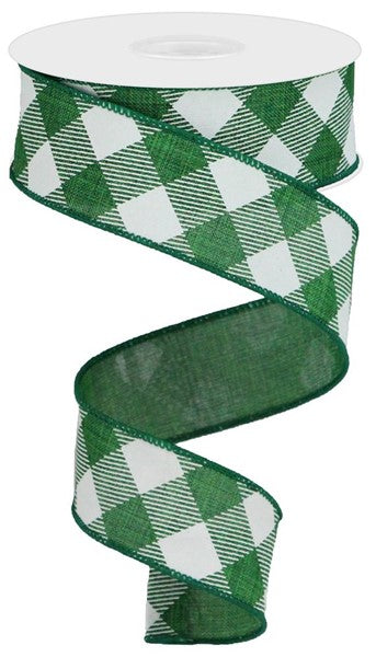 1.5" X 10YDS - EMERALD/WHITE PLAID STRIPED CHECK RIBBON