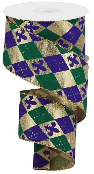 2.5" MARDI GRAS ARGYLE FLEUR DE LIS RIBBON - (10YDS)