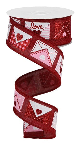 1.5" HOT PINK AND WHITE LOVE LETTERS ON RED - 10YDS