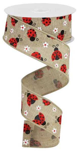 1.5" X 10YDS-  LADYBUGS ON NATURAL WIRED RIBBON