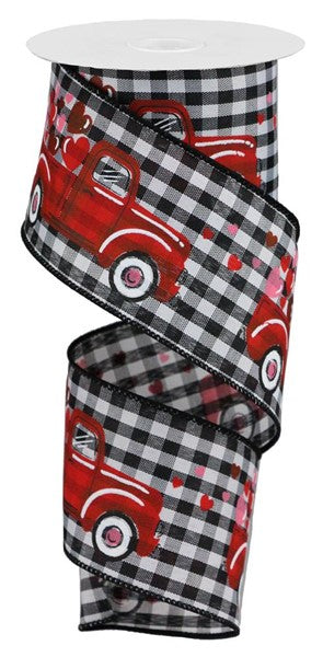 2.5" X 10YDS - BLACK AND WHITE GINGHAM TRUCK WITH HEARTS RIBBON
