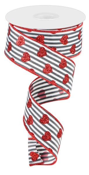 1.5" X 10YDS - BLACK WHITE STRIPE W/ GLITTER SMALL HEARTS RIBBON