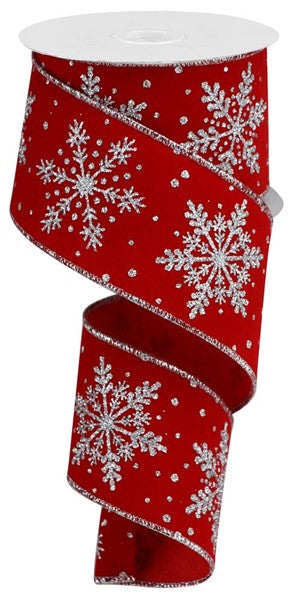 2.5" X 10YDS - RED/SILVER SNOWFLAKE RIBBON ON VELVET