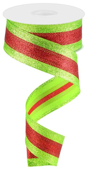 1.5"X10yd 3-In-1 Shimmer Glitter/Stripe LIME/RED
