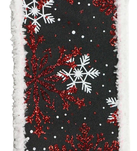 2.5" X 10YDS - BLACK/RED/WHITE SNOWFLAKE RIBBON WITH DRIFT EDGE