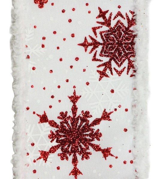 2.5" X 10YDS - RED/WHITE GLITTER SNOWFLAKE RIBBON W/ DRIFT EDGE