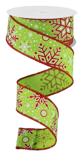 1.5" X 10YDS - SNOWFLAKES LIME/RED/WHITE RIBBON