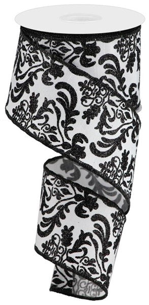 2.5' x 10yds - BLACK AND WHITE GLITTER BOLD DAMASK PRINT OF FAUX DUPIONI