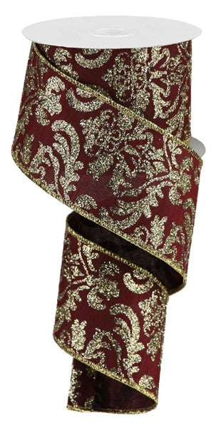 2.5" BURGUNDY AND CHAMPAGNE BOLD DEMASK  - 10YDS