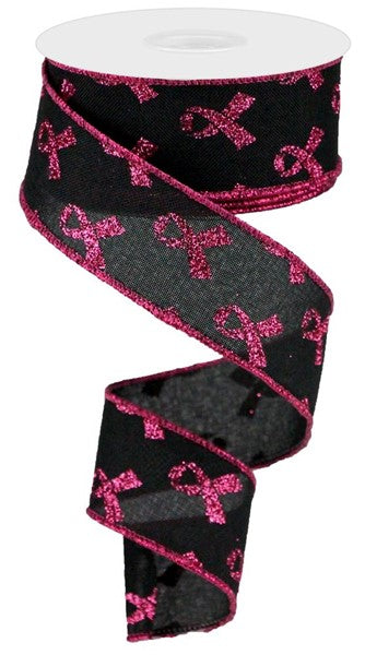 1.5" X 10YDS - GLITTER BREAST CANCER AWARENESS RIBBON BLACK/HOT PINK