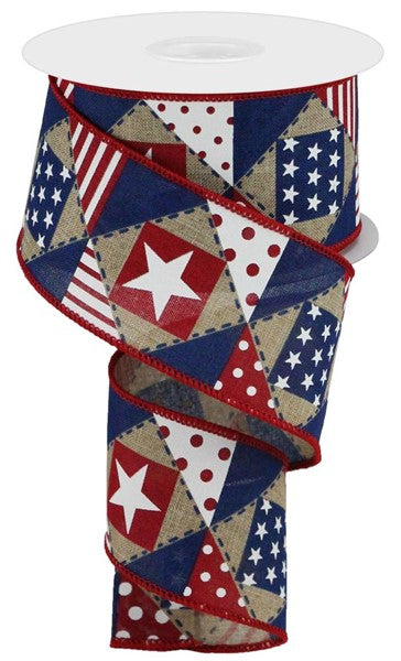 2.5" PATRIOTIC PATCHWORK RIBBON - (10YDS) LT. BEIGE/RED/WHITE/BLUE
