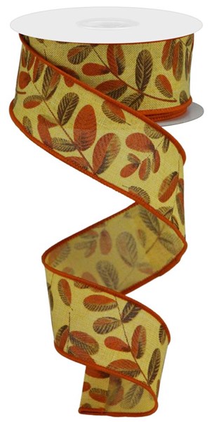 1.5" X 10YDS - MUSTARD,LIGHT BEIGE, DARK BROWN, ORANGE LEAVES ON ROYAL