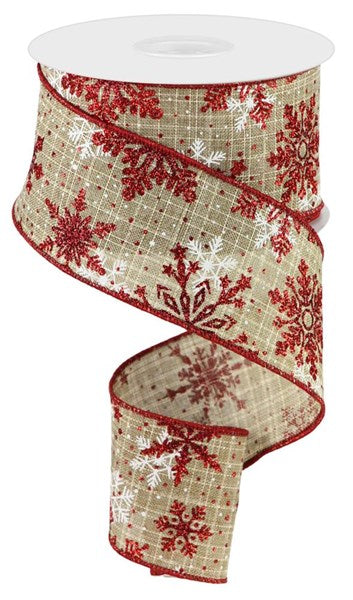 2.5" X 10YDS - RED GLITTER FALLING SNOW ON NATURAL RIBBON
