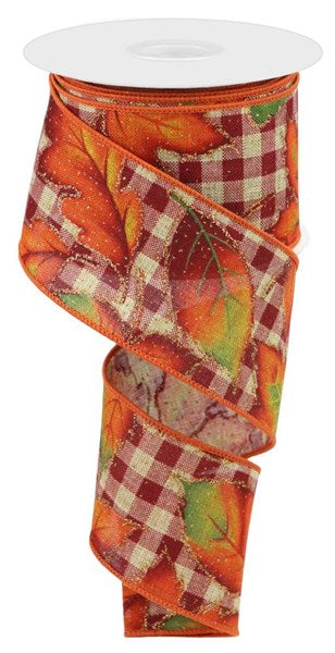 2.5" X 10YDS - LEAVES ON BURGUNDY CHECK RIBBON