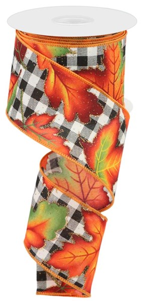 2.5" X 10YDS - LEAVES ON BLACK CHECK RIBBON