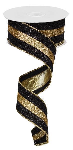 1.5" BLACK AND GOLD GLITER TRI STRIPE - 10YDS