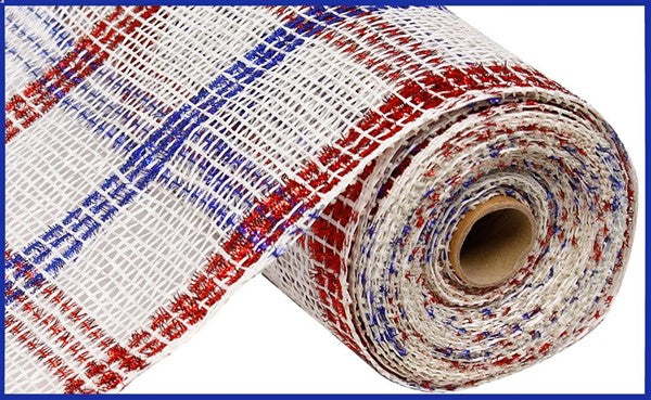 10" RED WHITE BLUE POLY BURLAP TINSLE CHECK MESH- (10YDS)