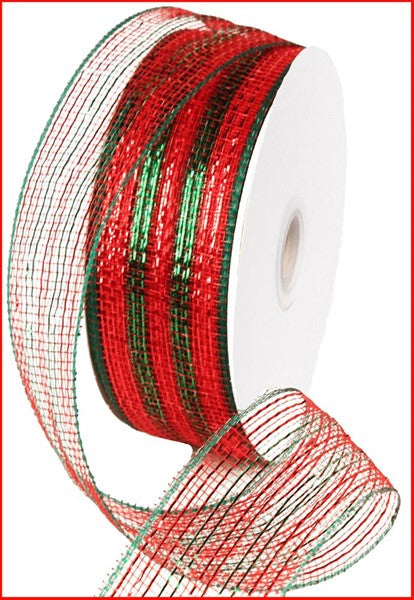 2.5" RED AND EMERALD STRIPE MESH RIBBON - 25 YDS